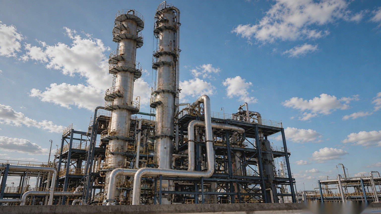 Outdoor pipe rack and column equipment at a process plant in daylight
