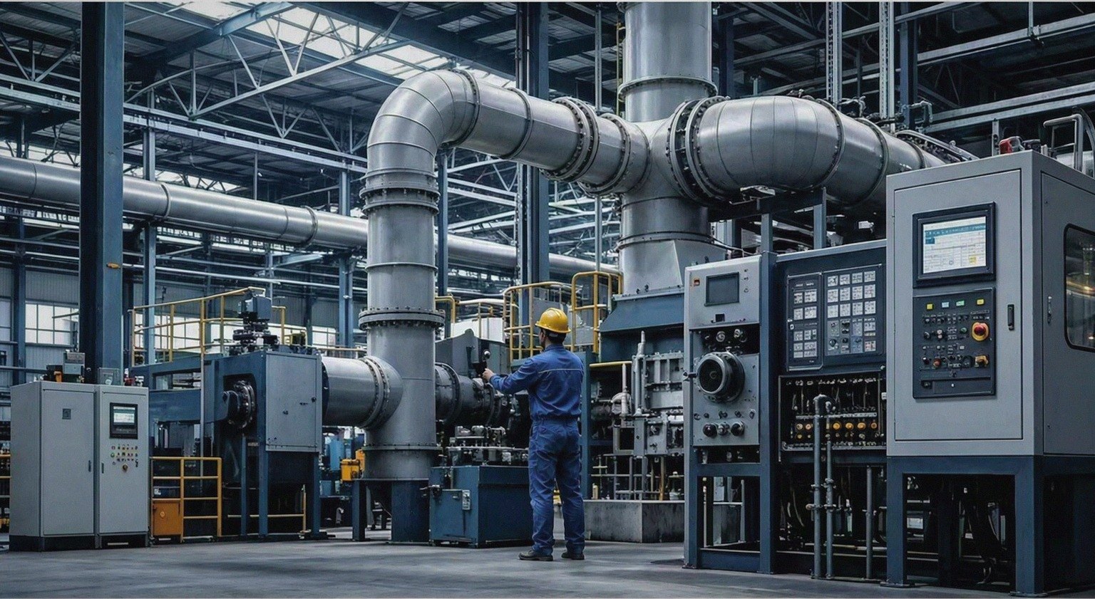 Engineer operating valves on large bore process piping inside a chemical plant